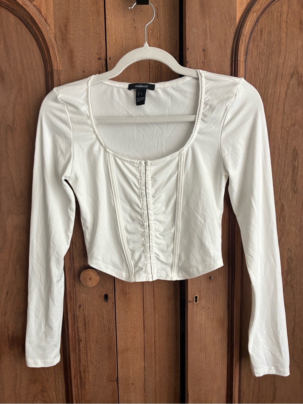 Ambiance Cream Scoop Neck Long Sleeve Cropped Top with Front Seam Detail